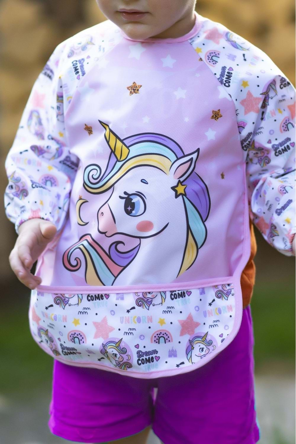 Unisex Unicorn Baskılı Uzun Kollu Bebek Mama Önlüğü 3-24 Ay