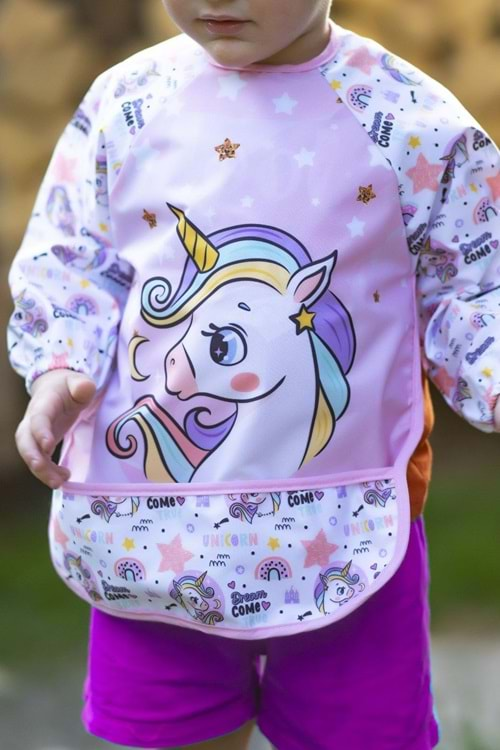 Unisex Unicorn Baskılı Uzun Kollu Bebek Mama Önlüğü 3-24 Ay