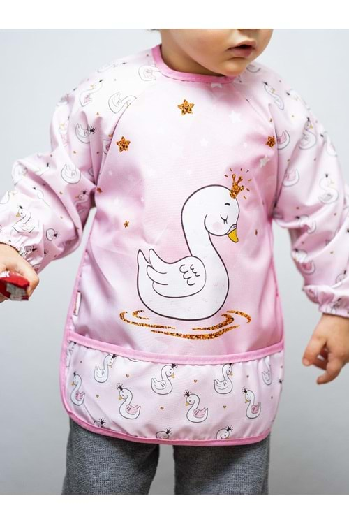 Unisex Kuğu Desenli Uzun Kollu Bebek Mama Önlüğü 3-24 Ay